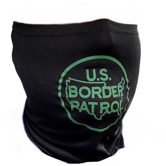 Black neck gaiter with green 'U.S. Border Patrol' logo on a white background