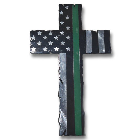 17 Inch Green Line Cross Metal Wall Art